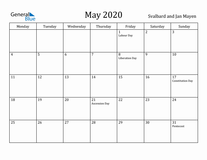 May 2020 Calendar Svalbard and Jan Mayen