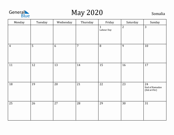 May 2020 Calendar Somalia