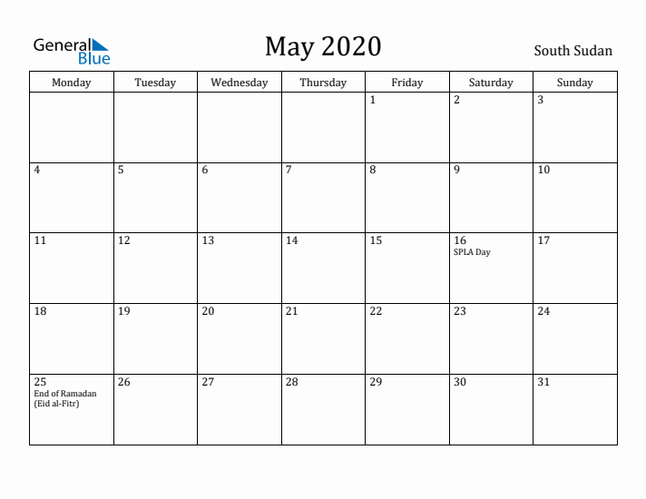 May 2020 Calendar South Sudan
