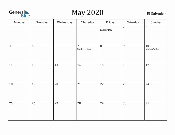 May 2020 Calendar El Salvador