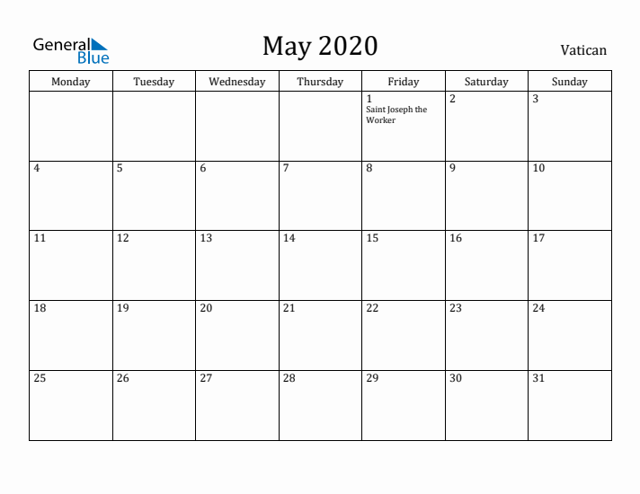 May 2020 Calendar Vatican