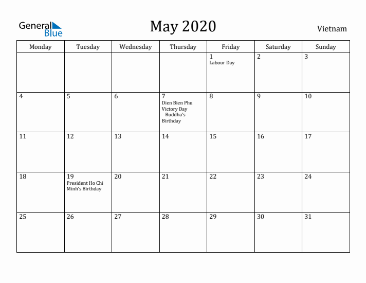 May 2020 Calendar Vietnam