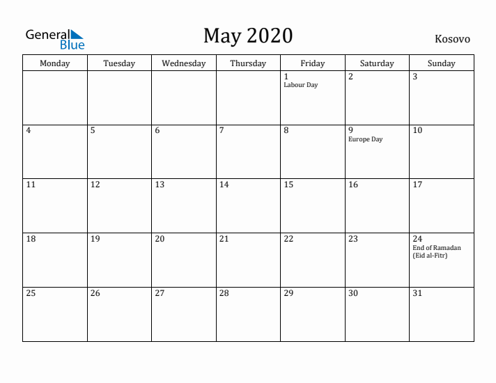 May 2020 Calendar Kosovo