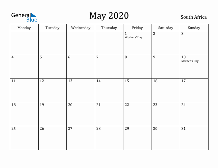 May 2020 Calendar South Africa