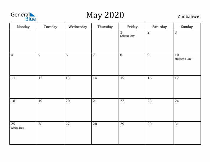 May 2020 Calendar Zimbabwe