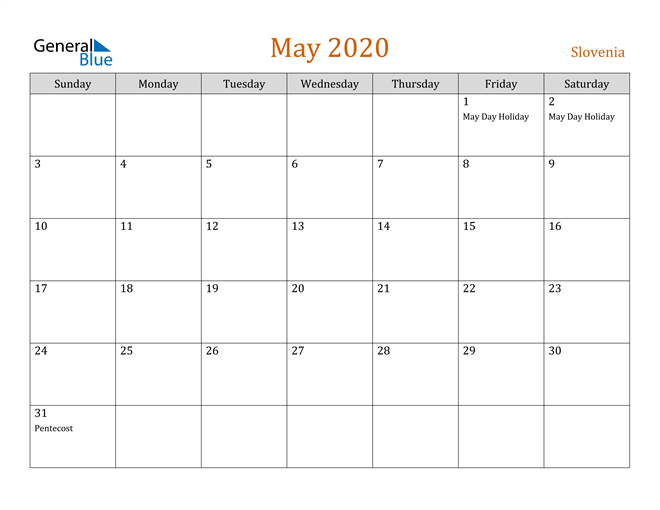May 2020 Holiday Calendar
