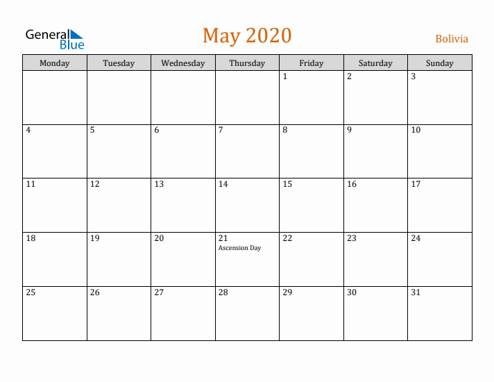 May 2020 Holiday Calendar with Monday Start