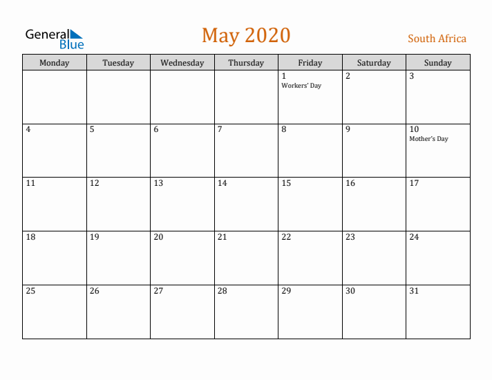 May 2020 Holiday Calendar with Monday Start
