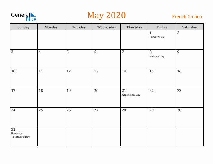 May 2020 Holiday Calendar with Sunday Start