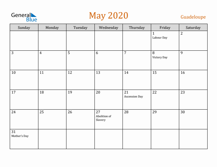 May 2020 Holiday Calendar with Sunday Start