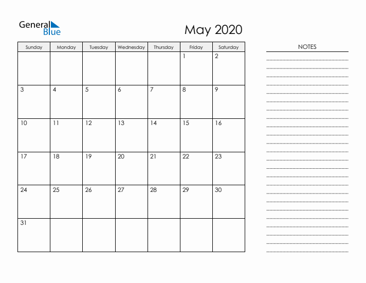 Printable Monthly Calendar with Notes - May 2020
