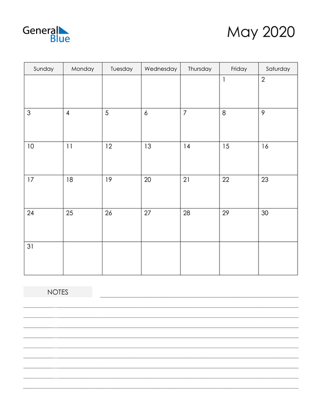  Printable Calendar with Notes - May 2020