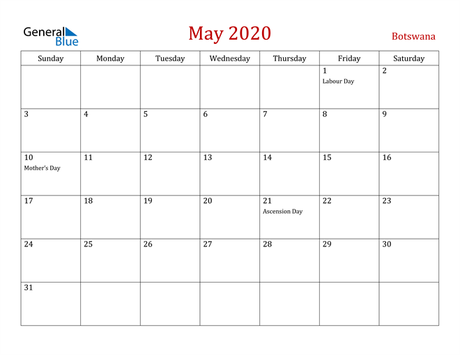 Botswana May 2020 Calendar