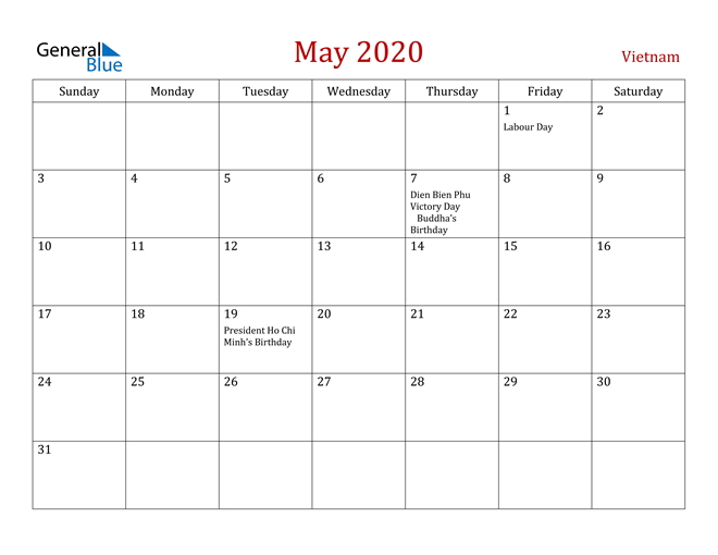 Vietnam May 2020 Calendar