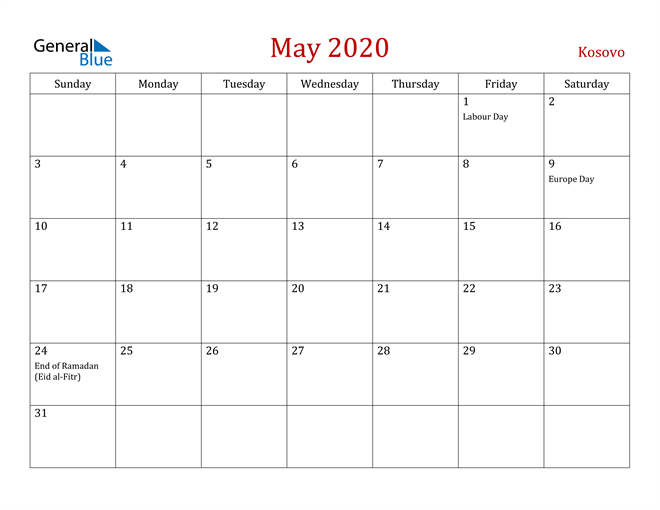 Kosovo May 2020 Calendar