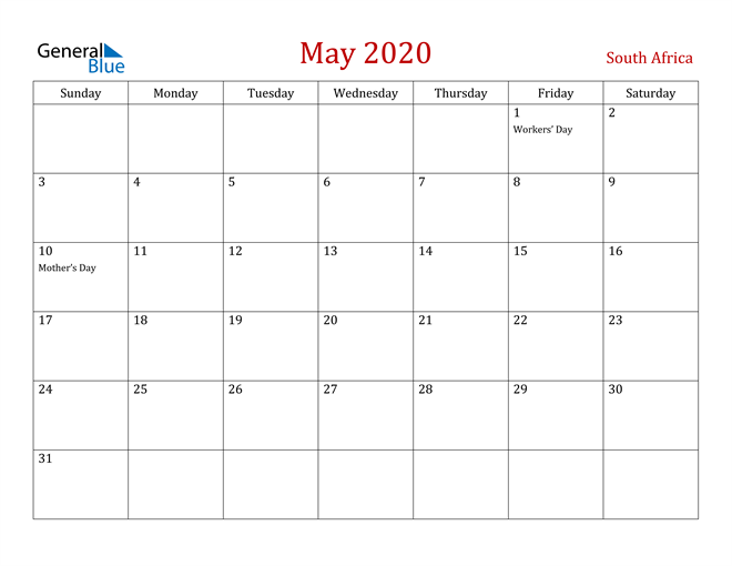 South Africa May 2020 Calendar
