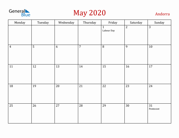 Andorra May 2020 Calendar - Monday Start