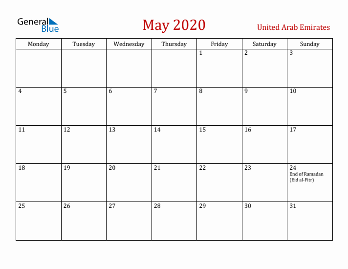 United Arab Emirates May 2020 Calendar - Monday Start