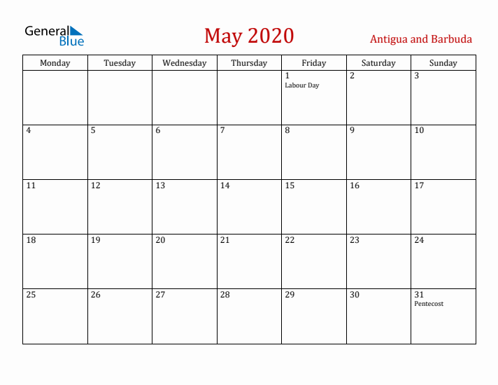 Antigua and Barbuda May 2020 Calendar - Monday Start