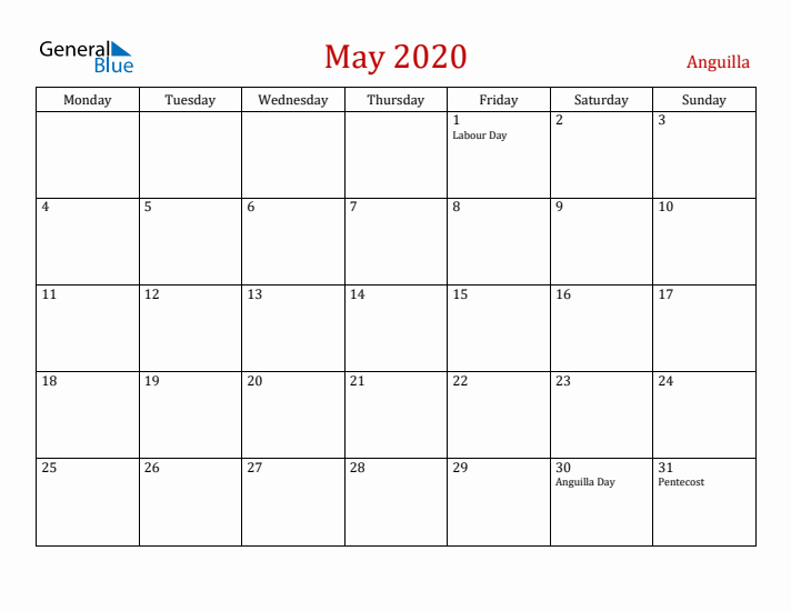 Anguilla May 2020 Calendar - Monday Start