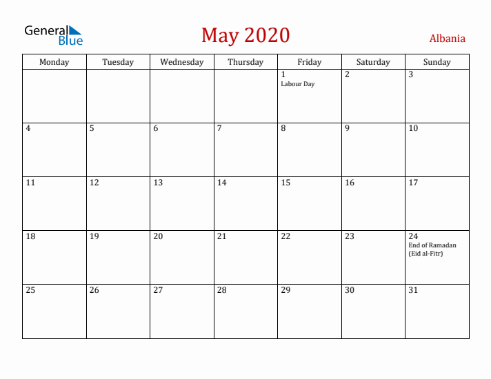 Albania May 2020 Calendar - Monday Start