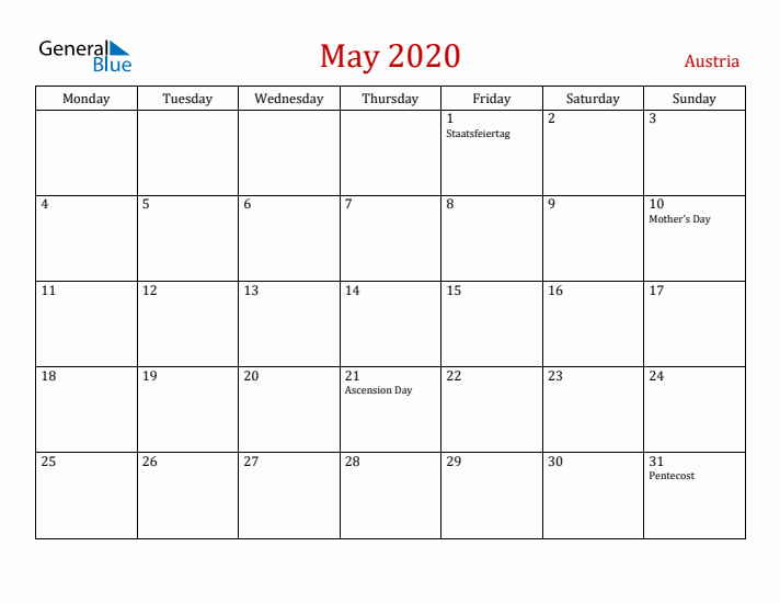 Austria May 2020 Calendar - Monday Start