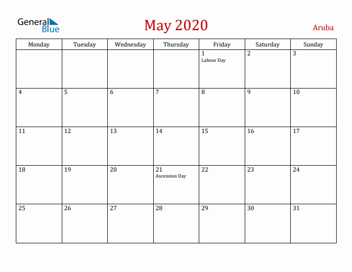 Aruba May 2020 Calendar - Monday Start