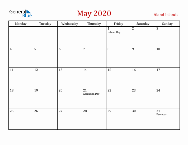 Aland Islands May 2020 Calendar - Monday Start