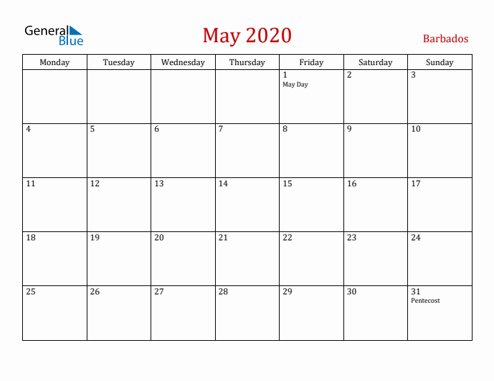 Barbados May 2020 Calendar - Monday Start