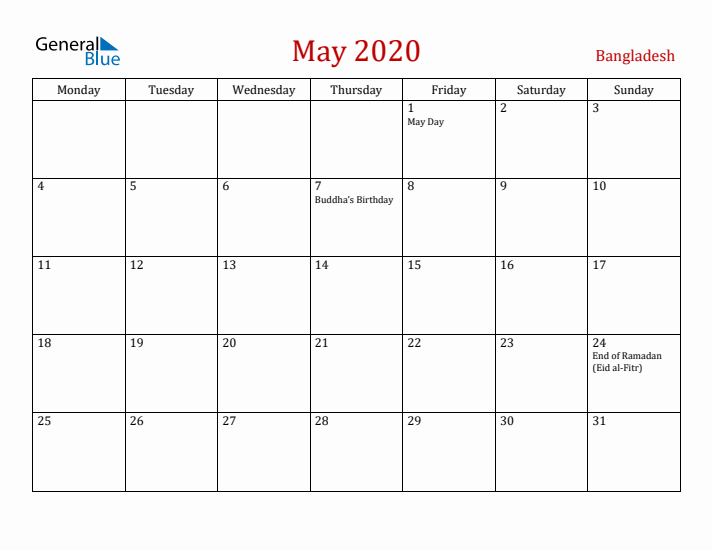 Bangladesh May 2020 Calendar - Monday Start