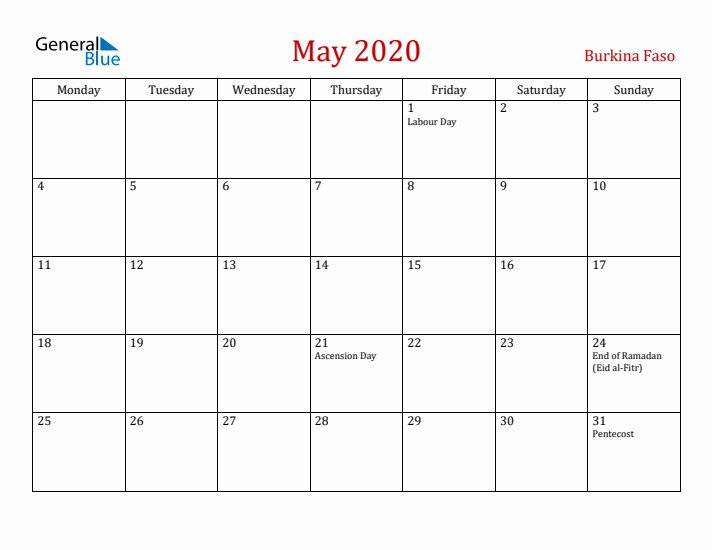 Burkina Faso May 2020 Calendar - Monday Start