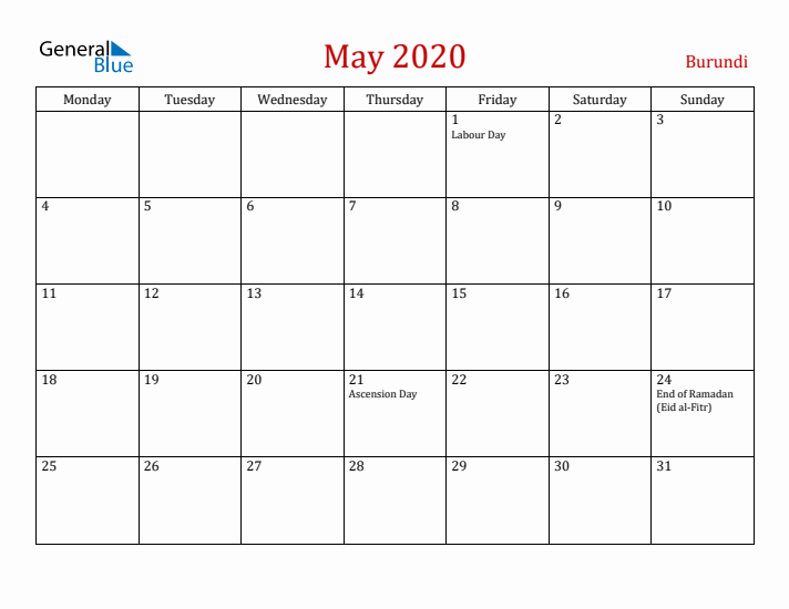 Burundi May 2020 Calendar - Monday Start