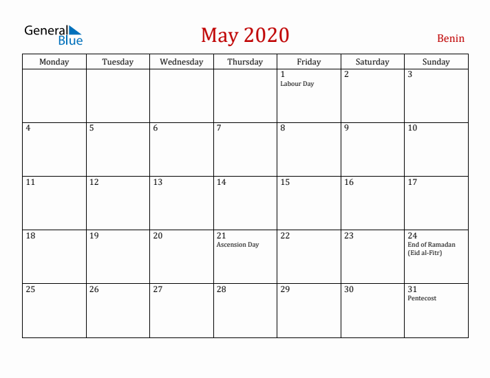 Benin May 2020 Calendar - Monday Start