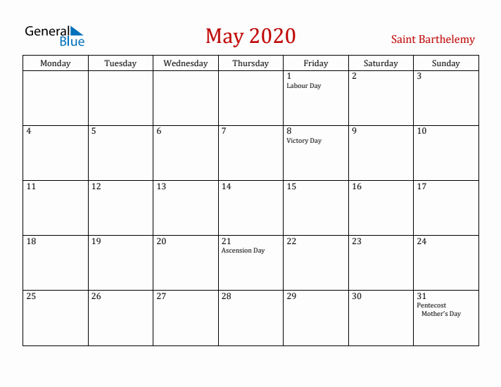 Saint Barthelemy May 2020 Calendar - Monday Start