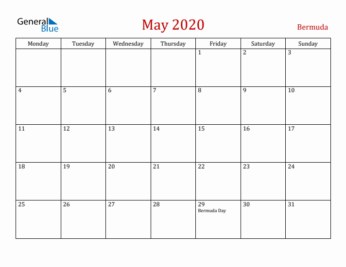 Bermuda May 2020 Calendar - Monday Start