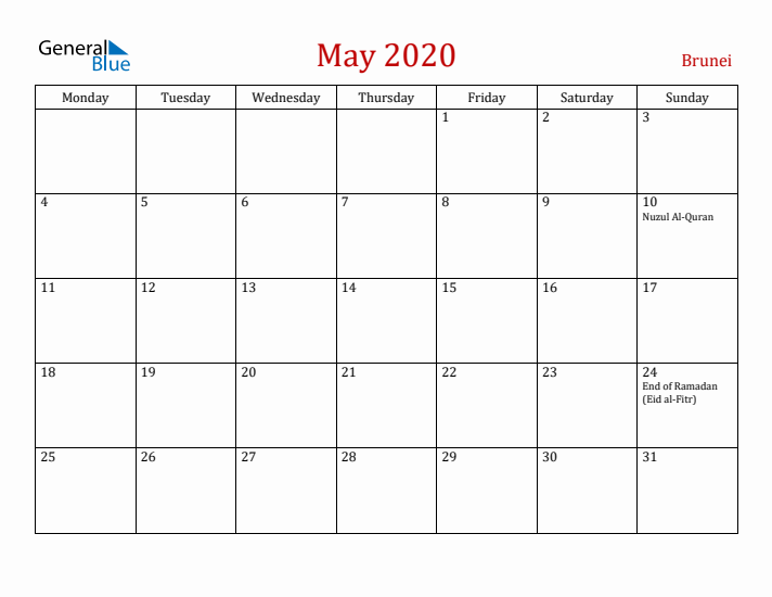 Brunei May 2020 Calendar - Monday Start
