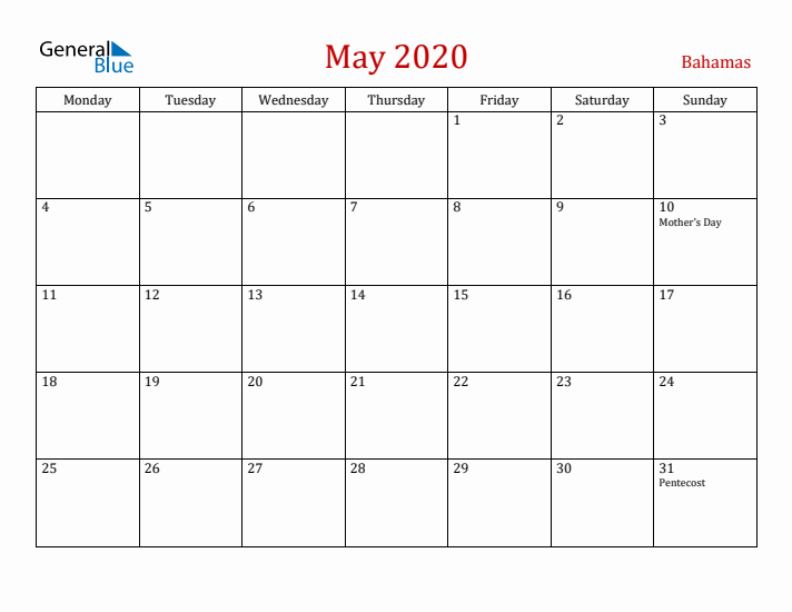 Bahamas May 2020 Calendar - Monday Start