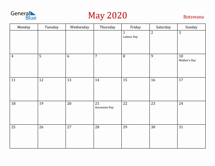 Botswana May 2020 Calendar - Monday Start