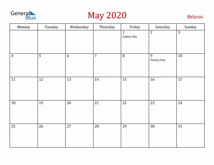 Belarus May 2020 Calendar - Monday Start