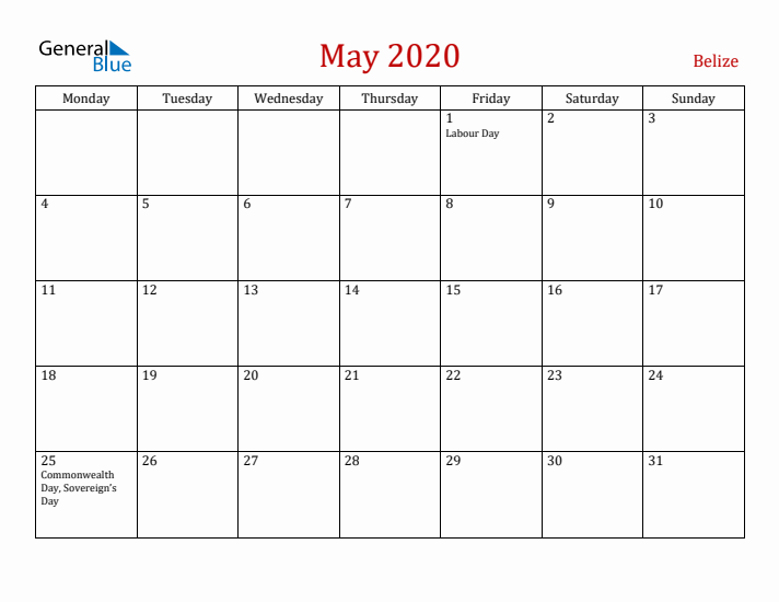 Belize May 2020 Calendar - Monday Start