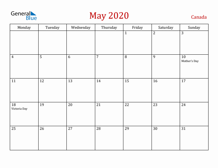 Canada May 2020 Calendar - Monday Start