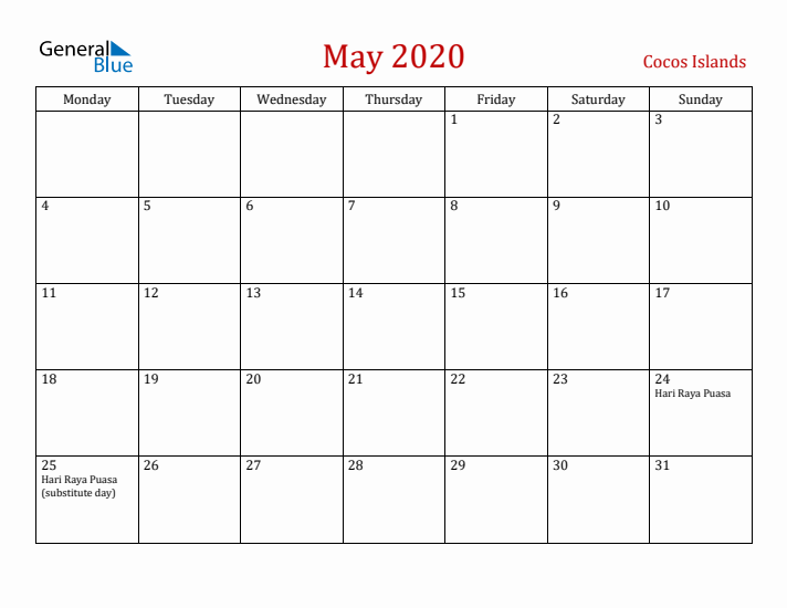 Cocos Islands May 2020 Calendar - Monday Start