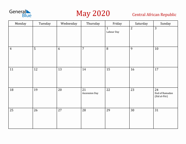 Central African Republic May 2020 Calendar - Monday Start