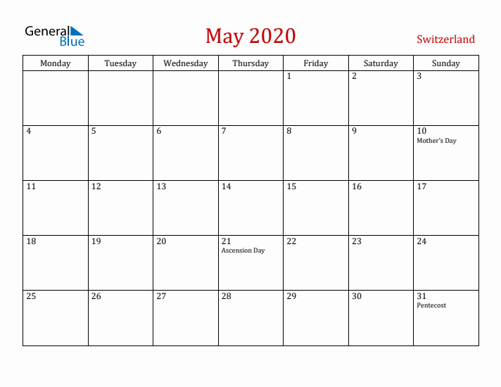 Switzerland May 2020 Calendar - Monday Start