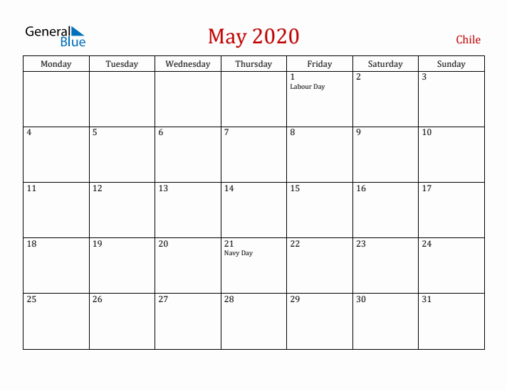 Chile May 2020 Calendar - Monday Start