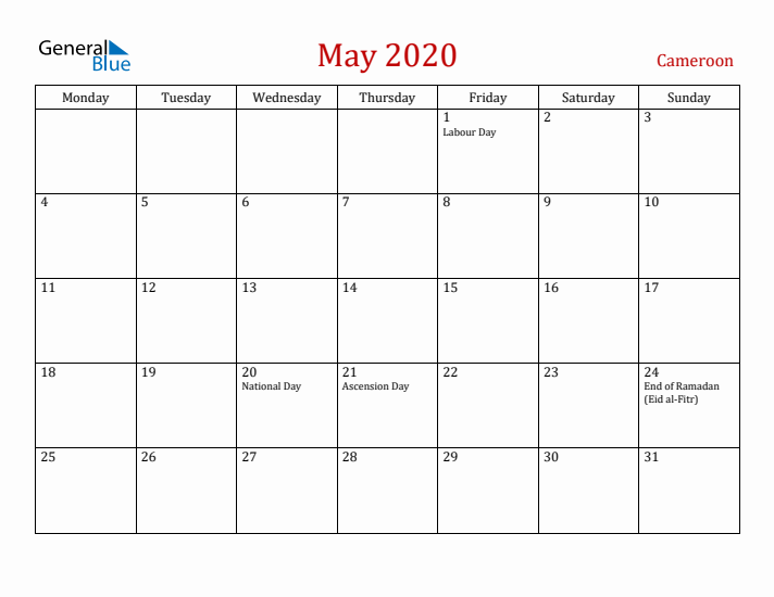 Cameroon May 2020 Calendar - Monday Start