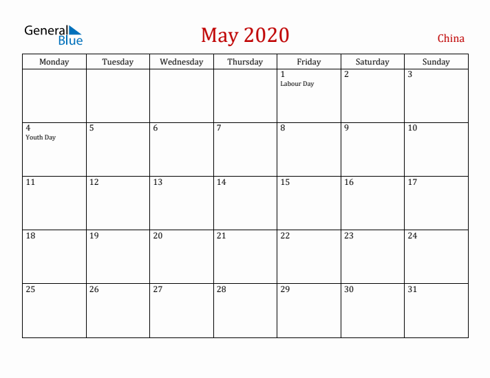 China May 2020 Calendar - Monday Start