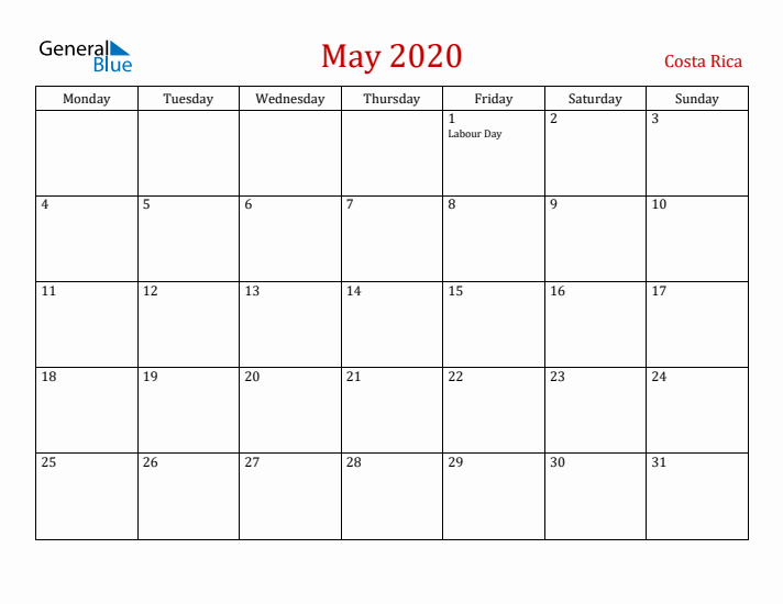 Costa Rica May 2020 Calendar - Monday Start