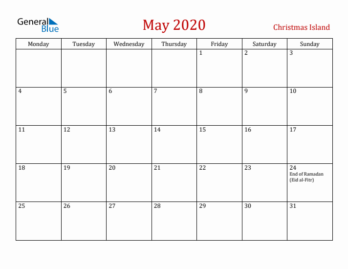 Christmas Island May 2020 Calendar - Monday Start