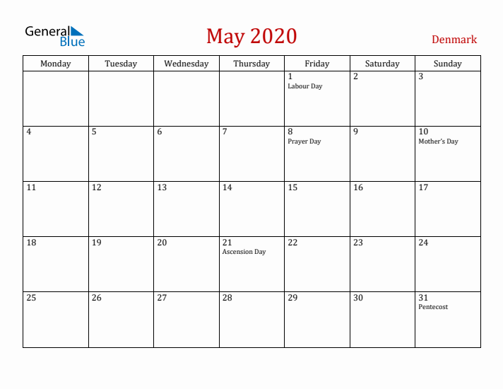 Denmark May 2020 Calendar - Monday Start